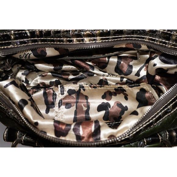 Vintage GUESS Olive Green Faux Leather Shearling Handbag | Y2K Croc Trim Logo - Picture 10 of 15